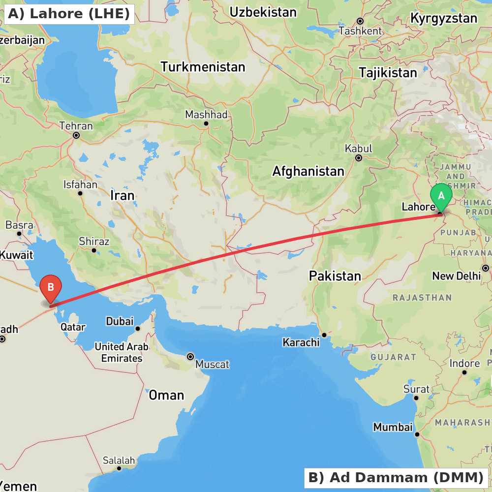 Flight route map from Lahore to Ad Dammam