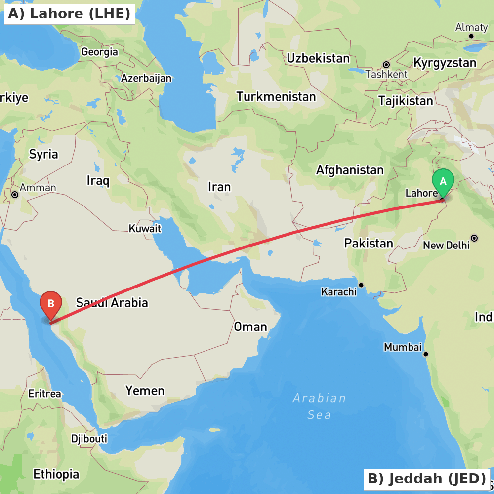 Flight route map from Lahore to Jeddah