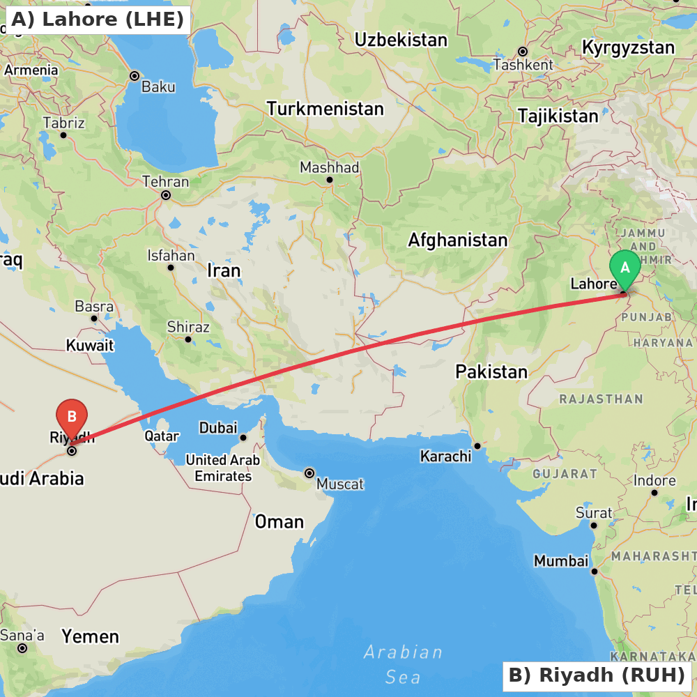 Flight route map from Lahore to Riyadh