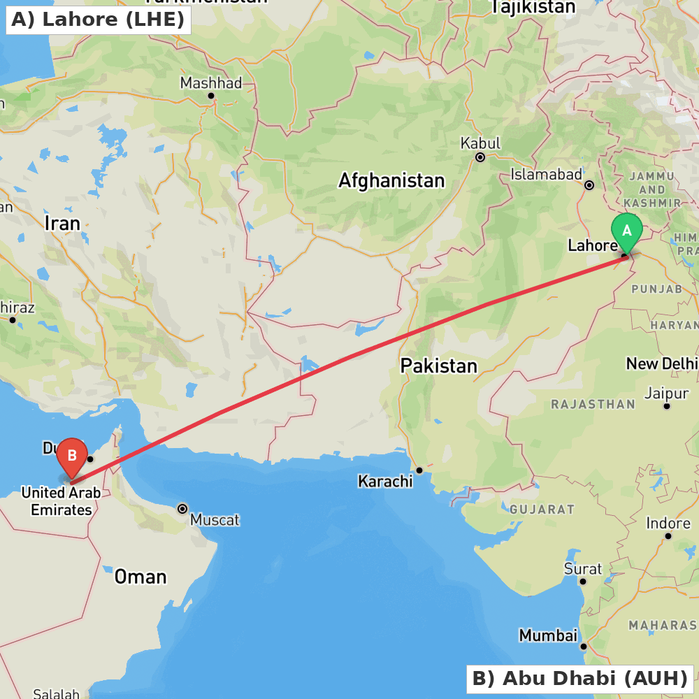 Flight route map from Lahore to Abu Dhabi