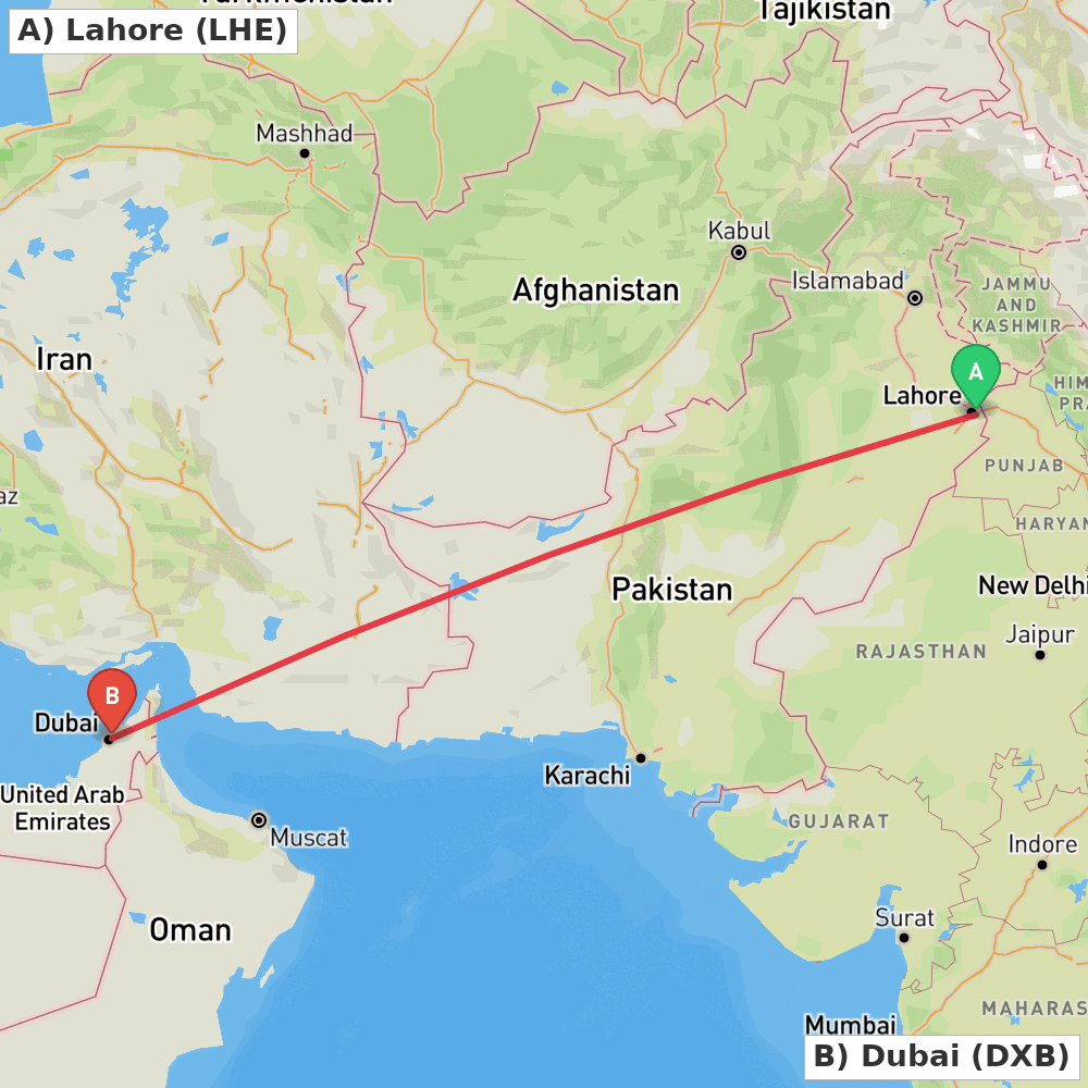 Flight route map from Lahore to Dubai