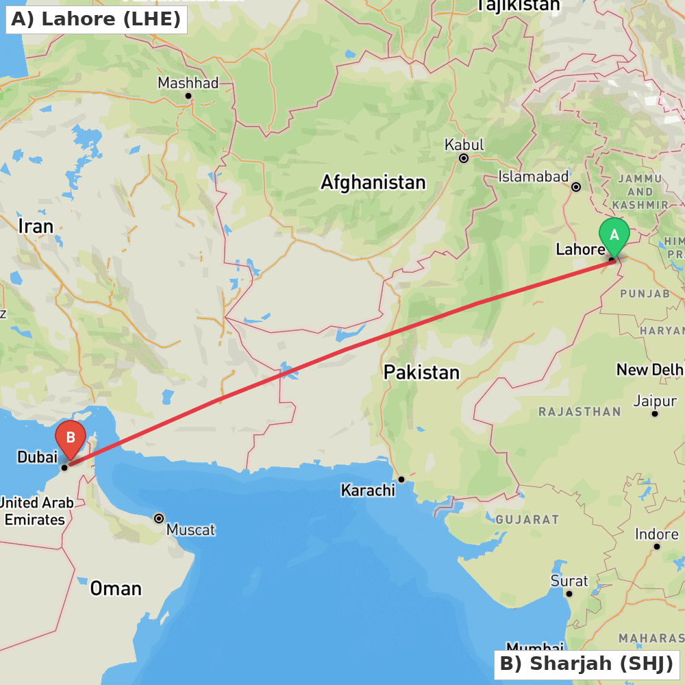Flight route map from Lahore to Sharjah