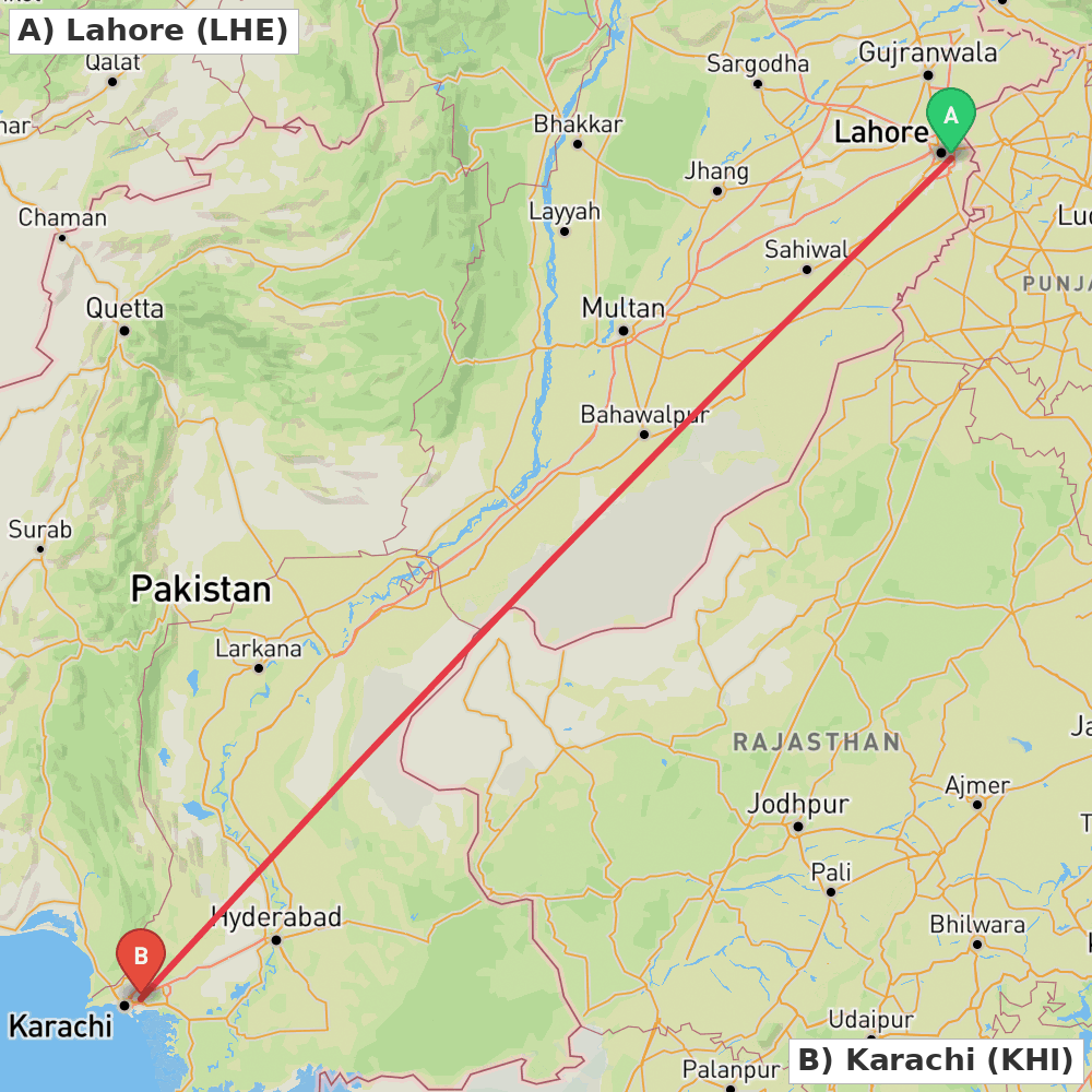 Flight route map from Lahore to Karachi