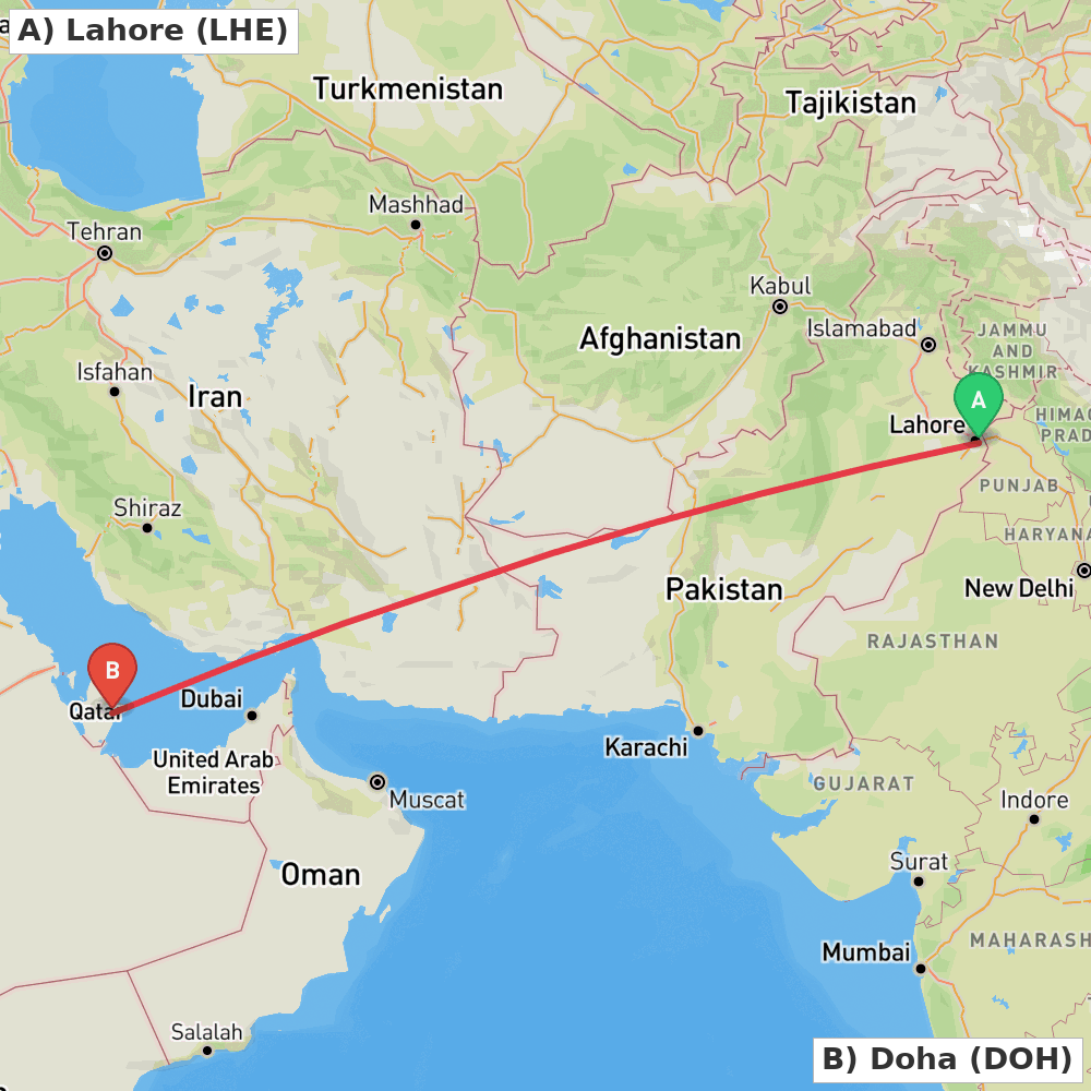 Flight route map from Lahore to Doha