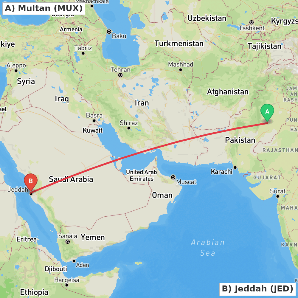 Flight route map from Multan to Jeddah