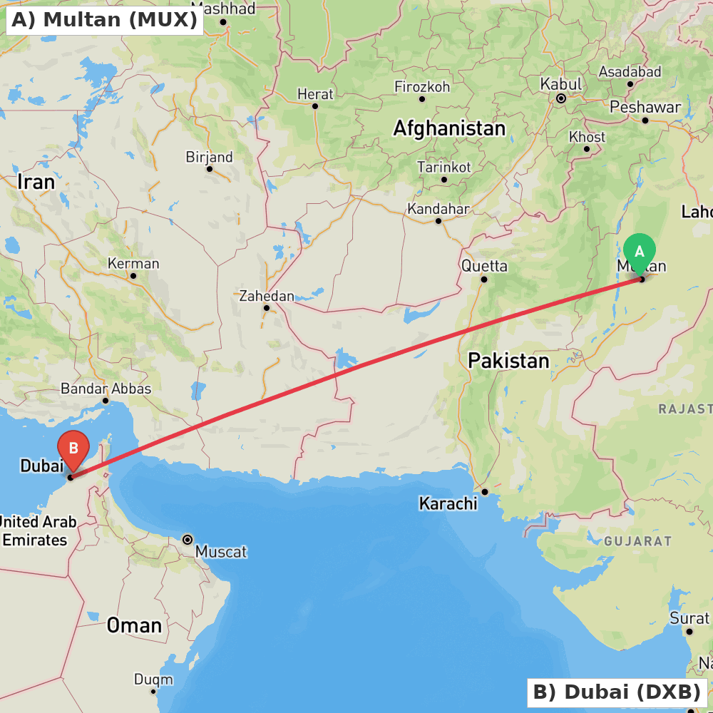 Flight route map from Multan to Dubai