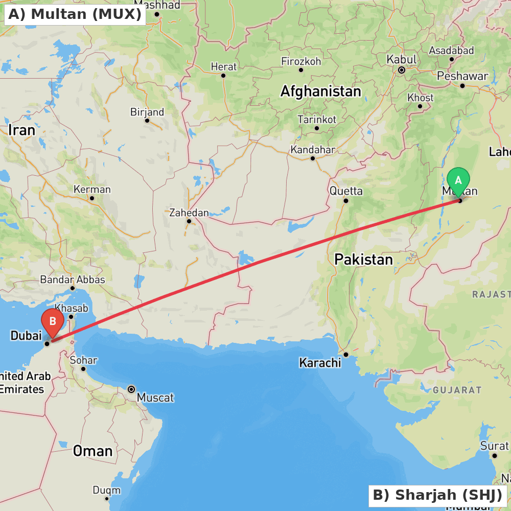 Flight route map from Multan to Sharjah