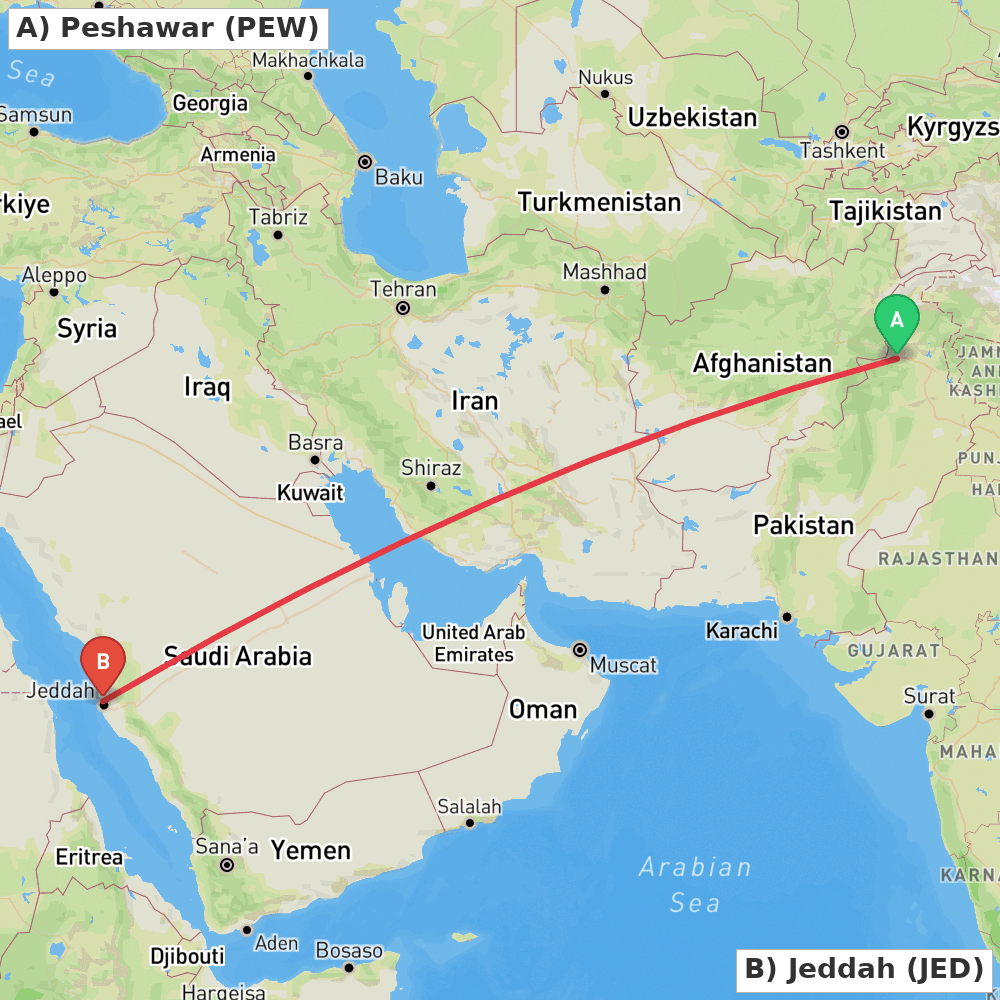 Flight route map from Peshawar to Jeddah