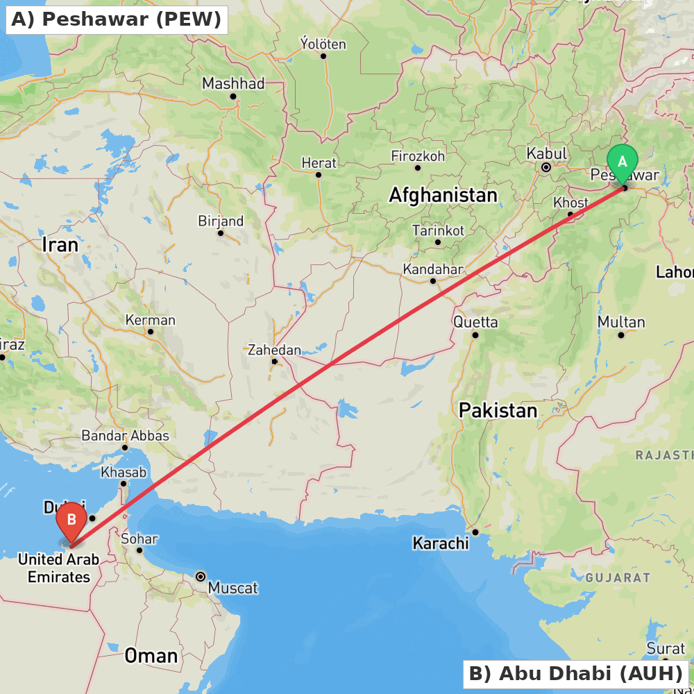Flight route map from Peshawar to Abu Dhabi