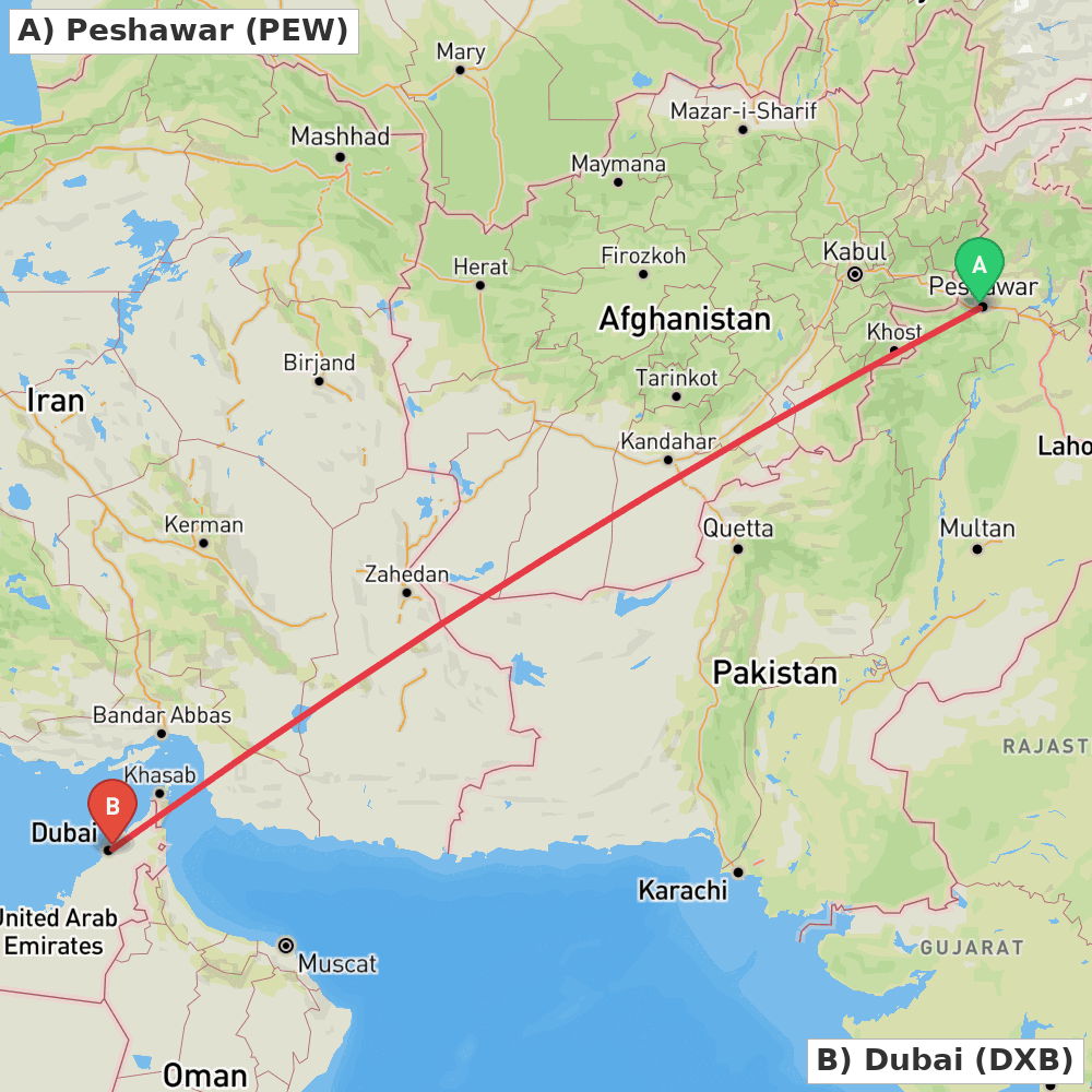 Flight route map from Peshawar to Dubai