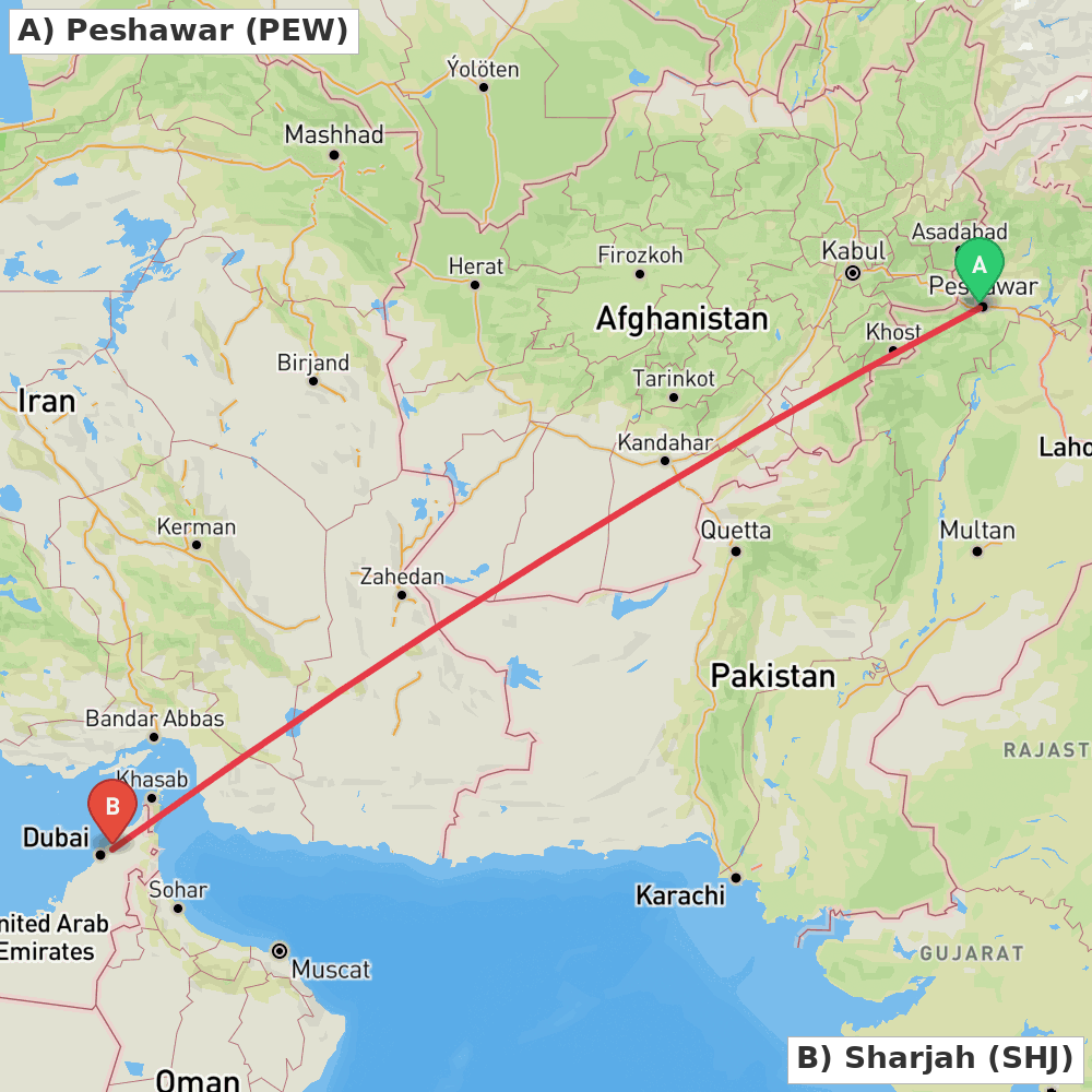 Flight route map from Peshawar to Sharjah