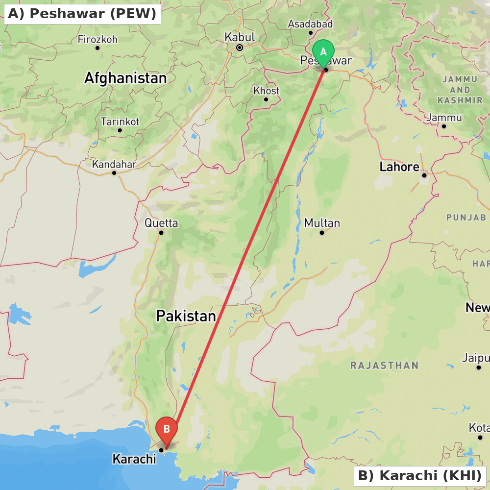 Flight route map from Peshawar to Karachi