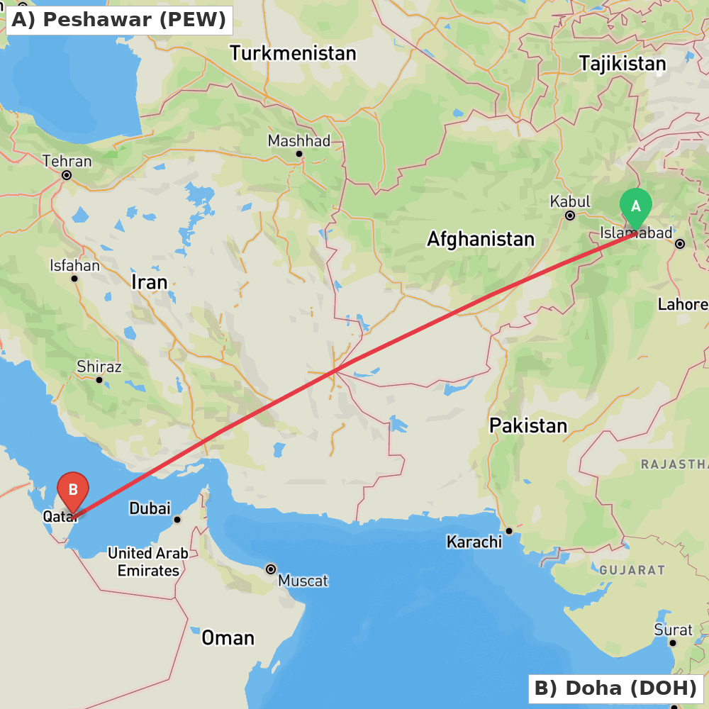 Flight route map from Peshawar to Doha