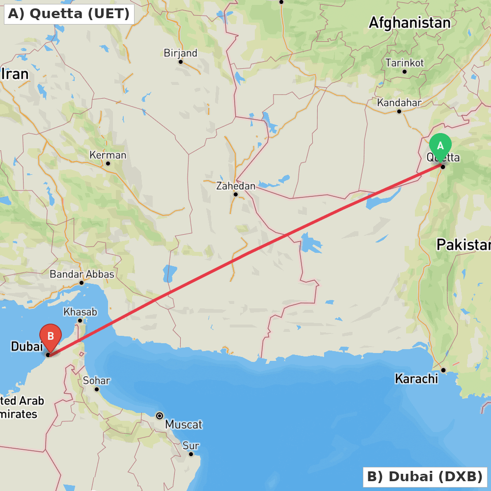 Flight route map from Quetta to Dubai