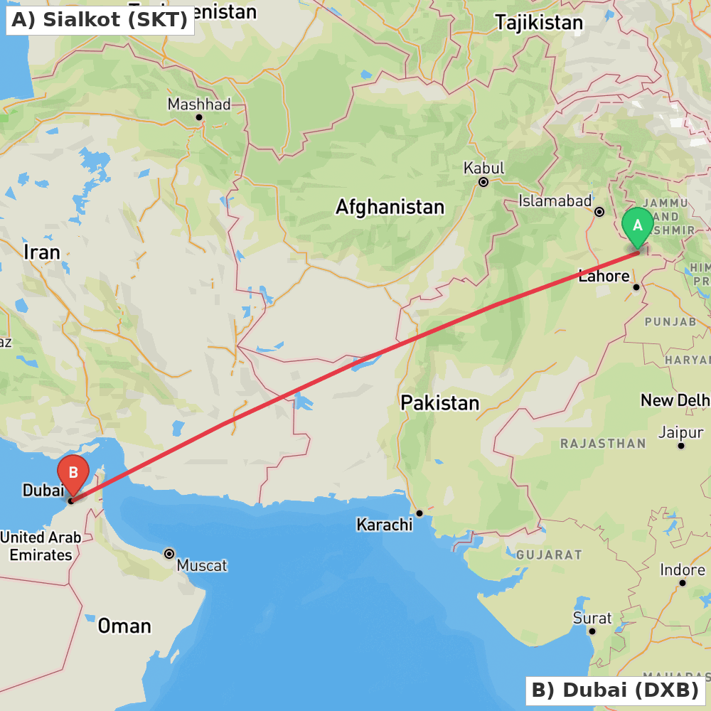 Flight route map from Sialkot to Dubai