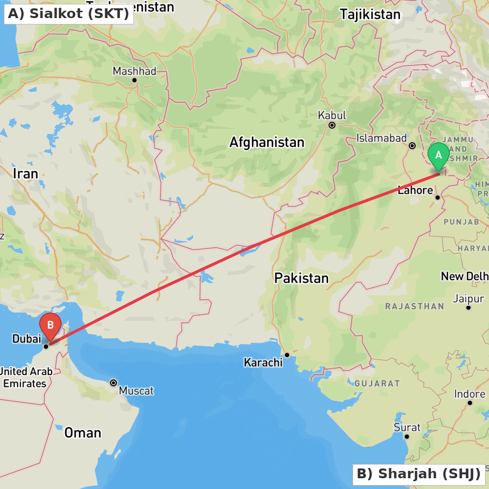 Flight route map from Sialkot to Sharjah