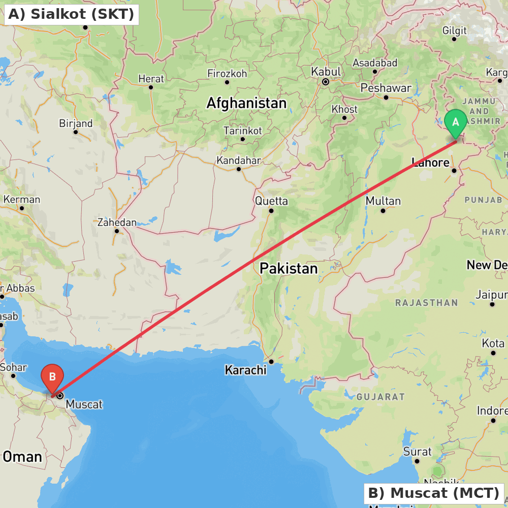 Flight route map from Sialkot to Muscat