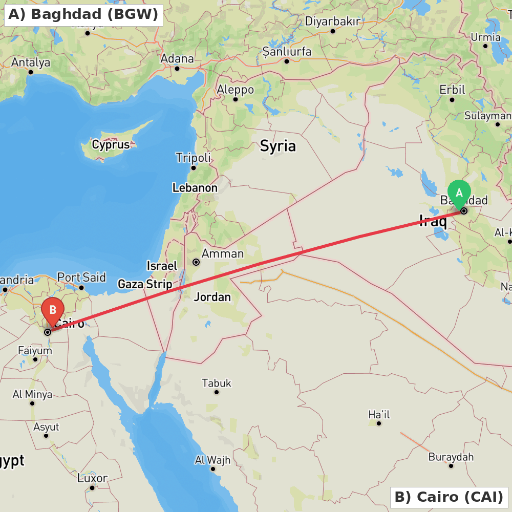 Flight route map from Baghdad to Cairo