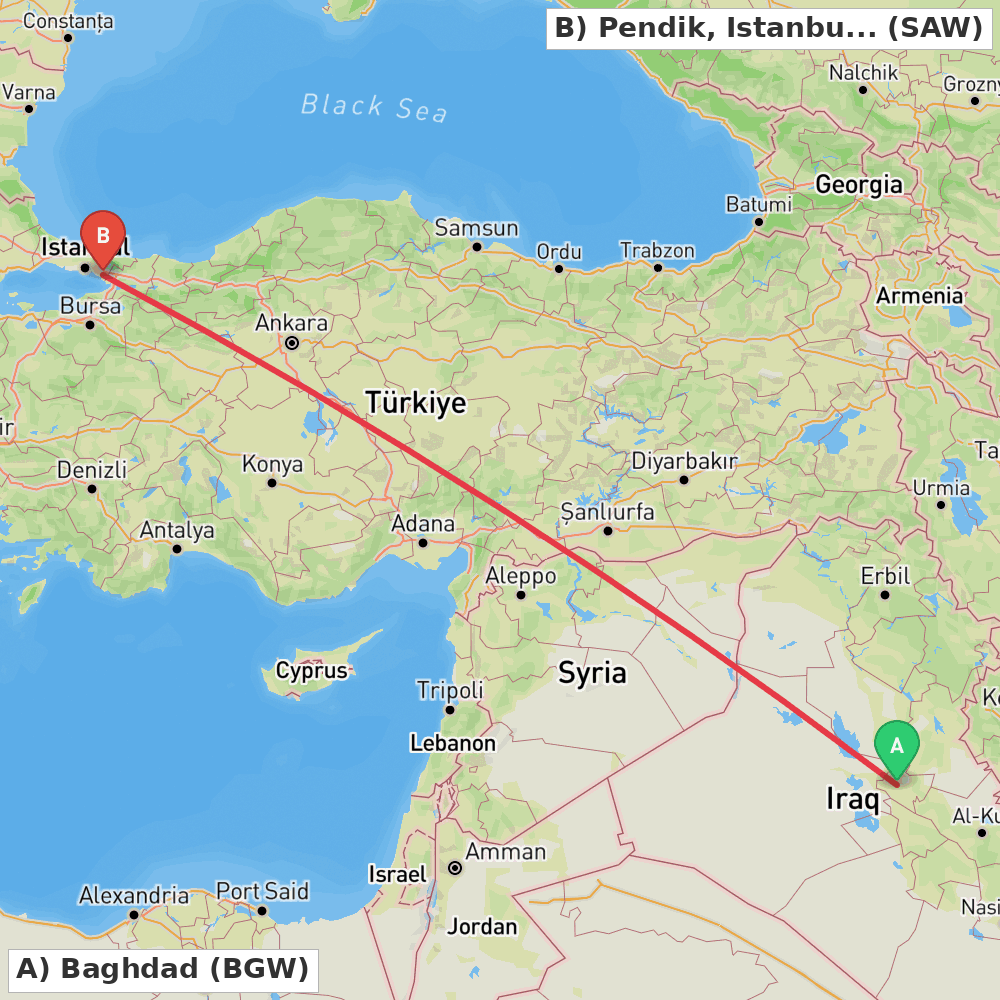 Flight route map from Baghdad to Pendik, Istanbul