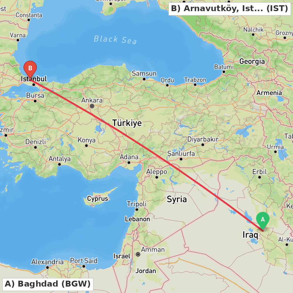 Flight route map from Baghdad to Arnavutköy, Istanbul
