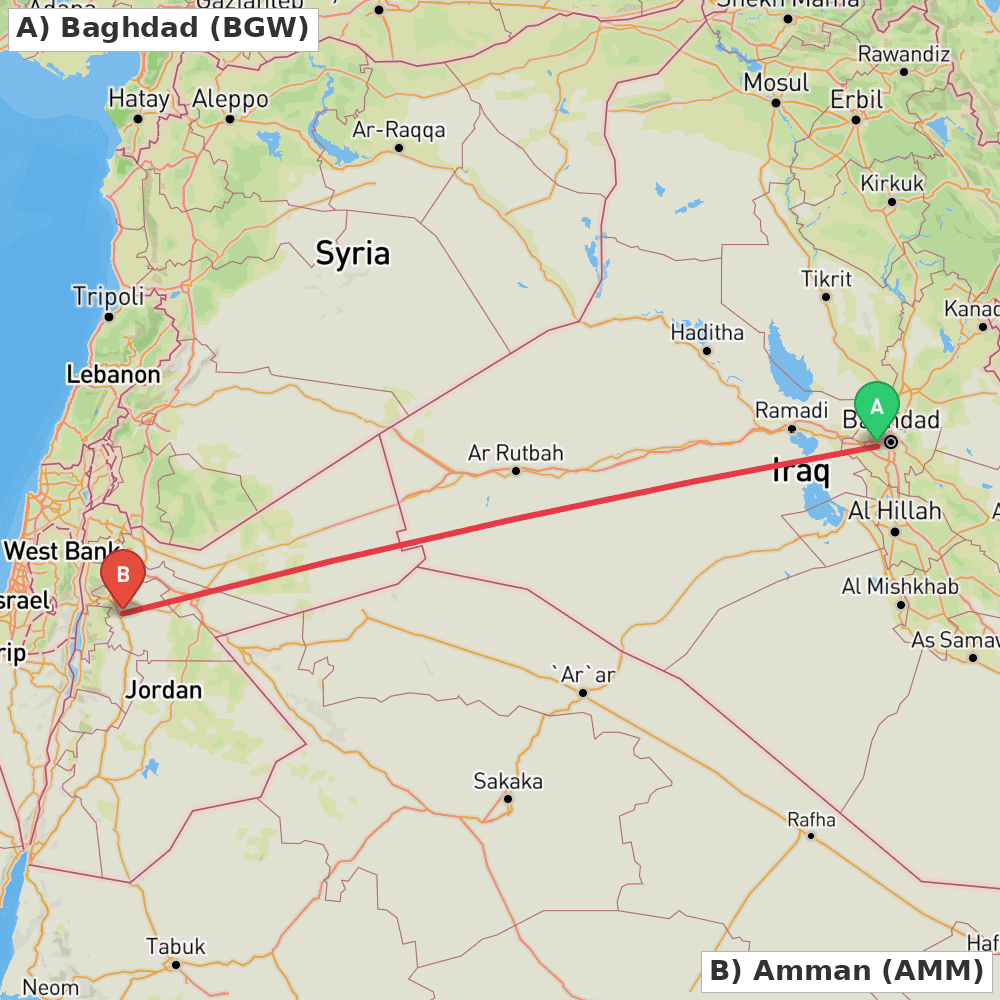 Flight route map from Baghdad to Amman