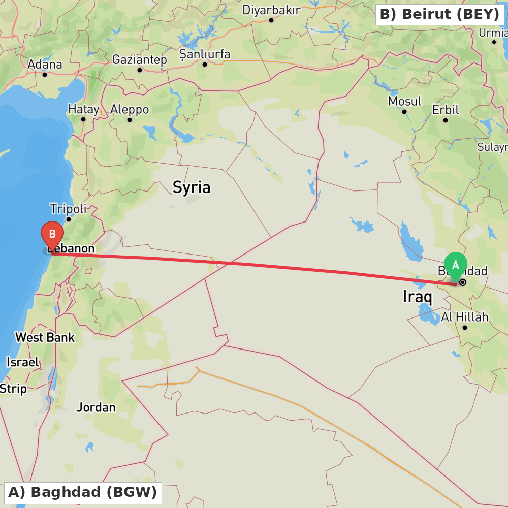 Flight route map from Baghdad to Beirut