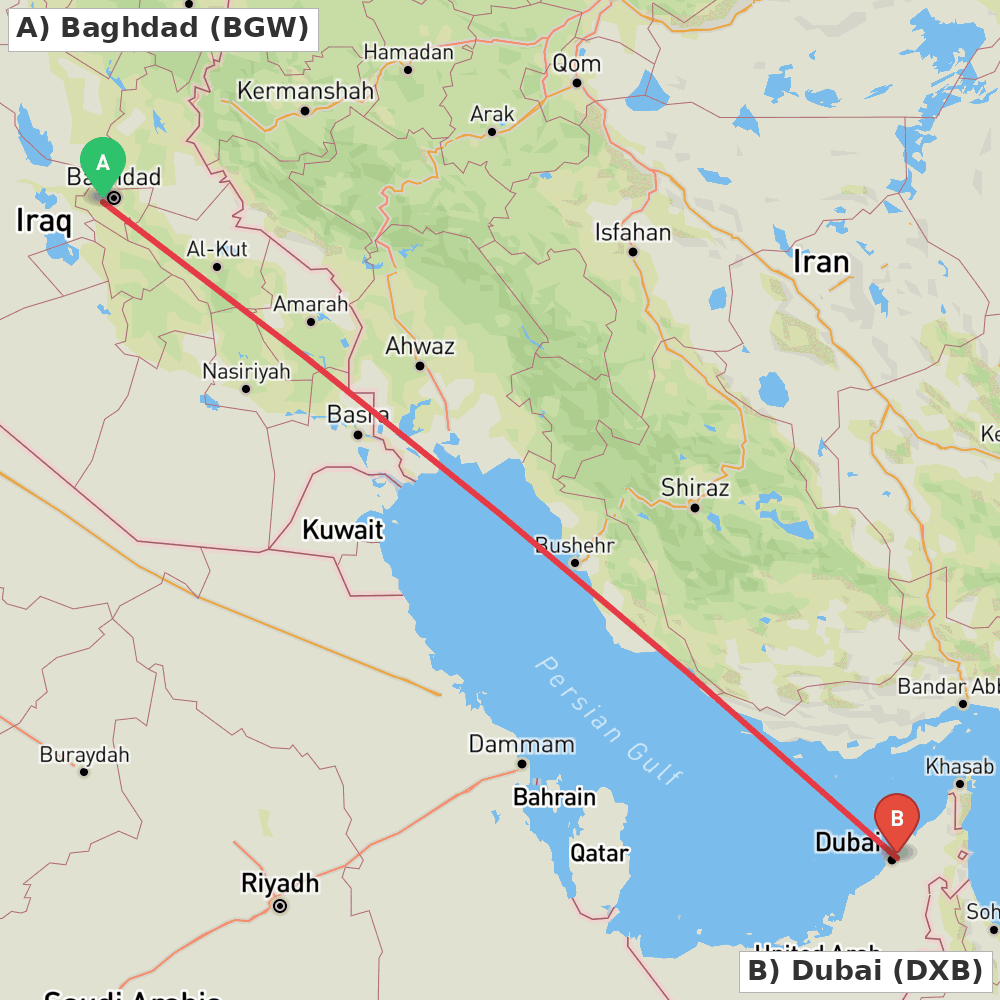 Flight route map from Baghdad to Dubai