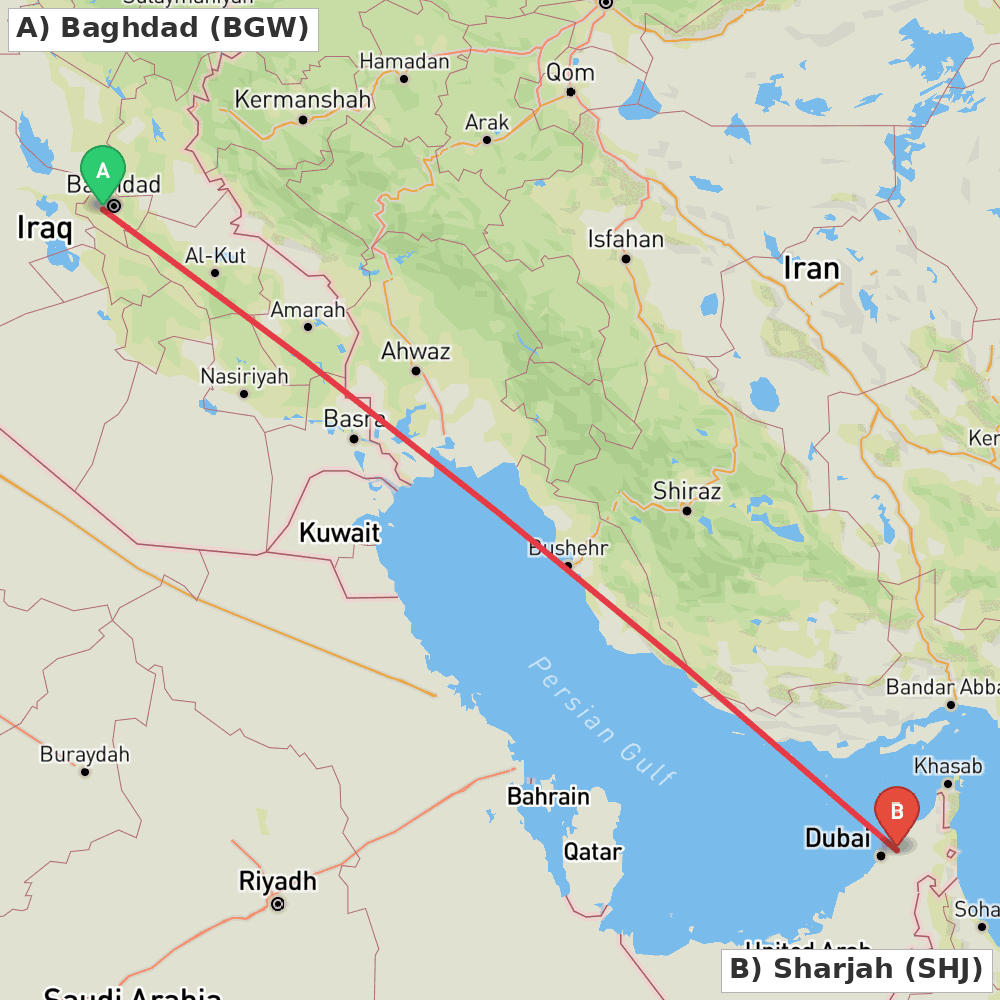 Flight route map from Baghdad to Sharjah