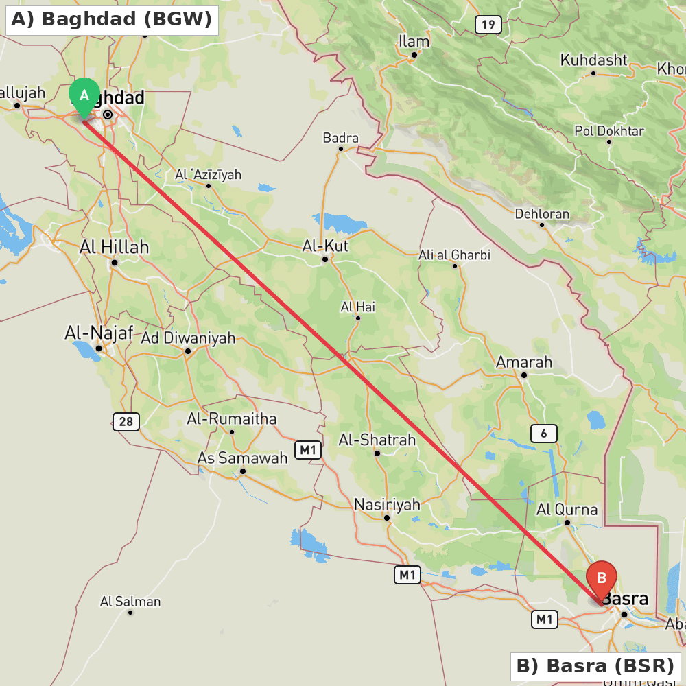 Flight route map from Baghdad to Basra