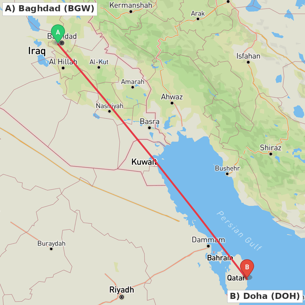 Flight route map from Baghdad to Doha