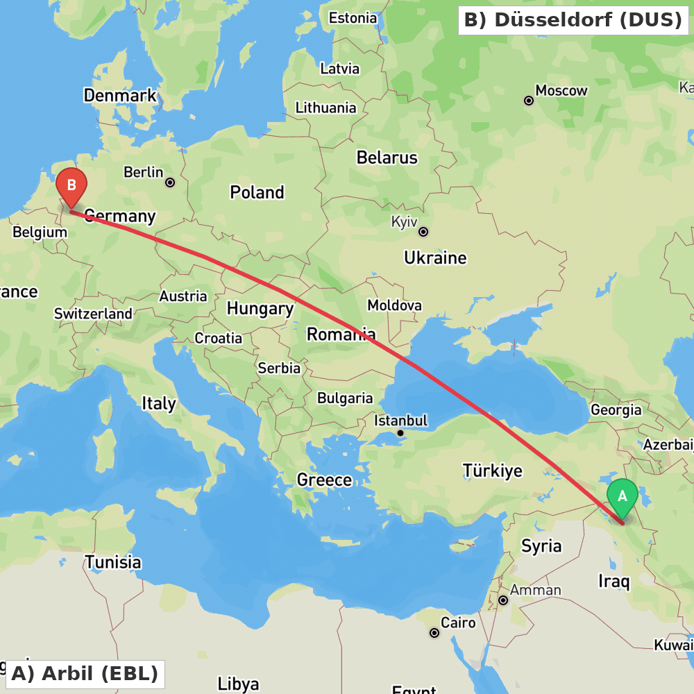 Flight route map from Arbil to Düsseldorf