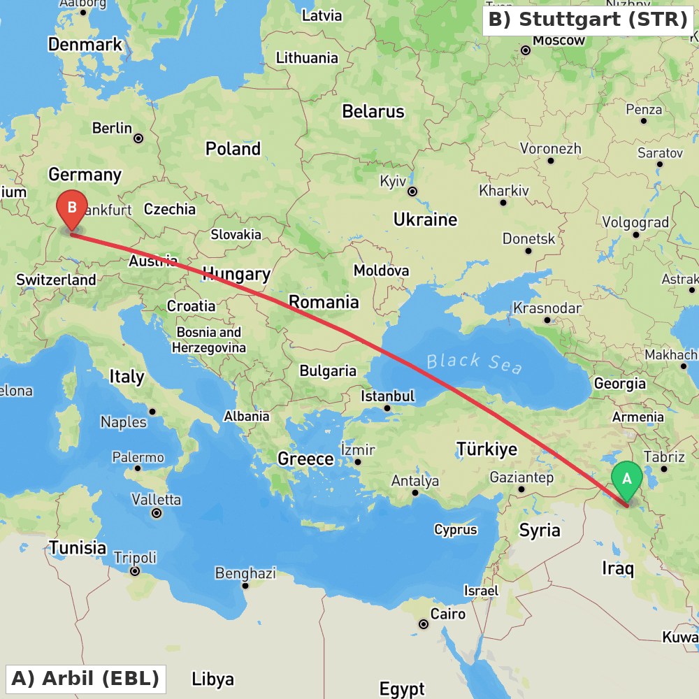 Flight route map from Arbil to Stuttgart