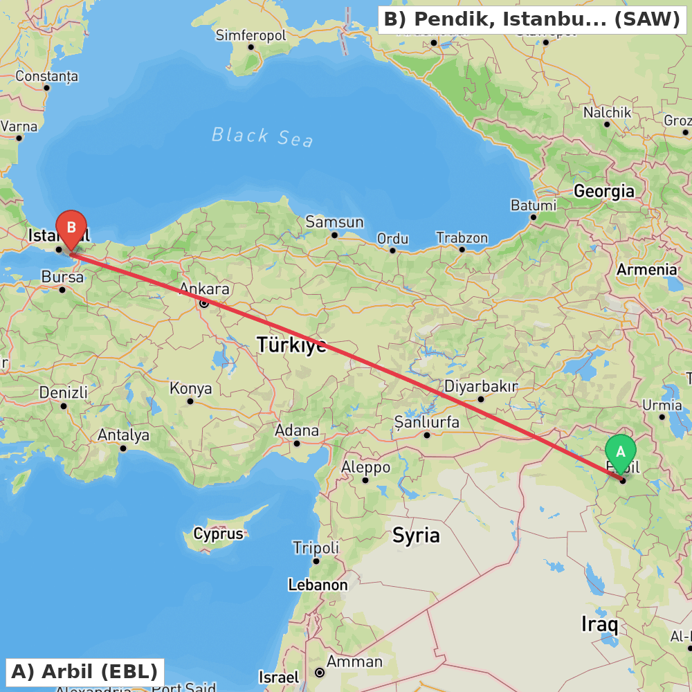 Flight route map from Arbil to Pendik, Istanbul
