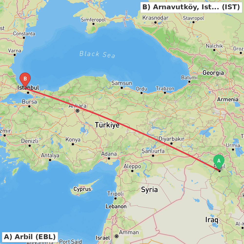 Flight route map from Arbil to Arnavutköy, Istanbul