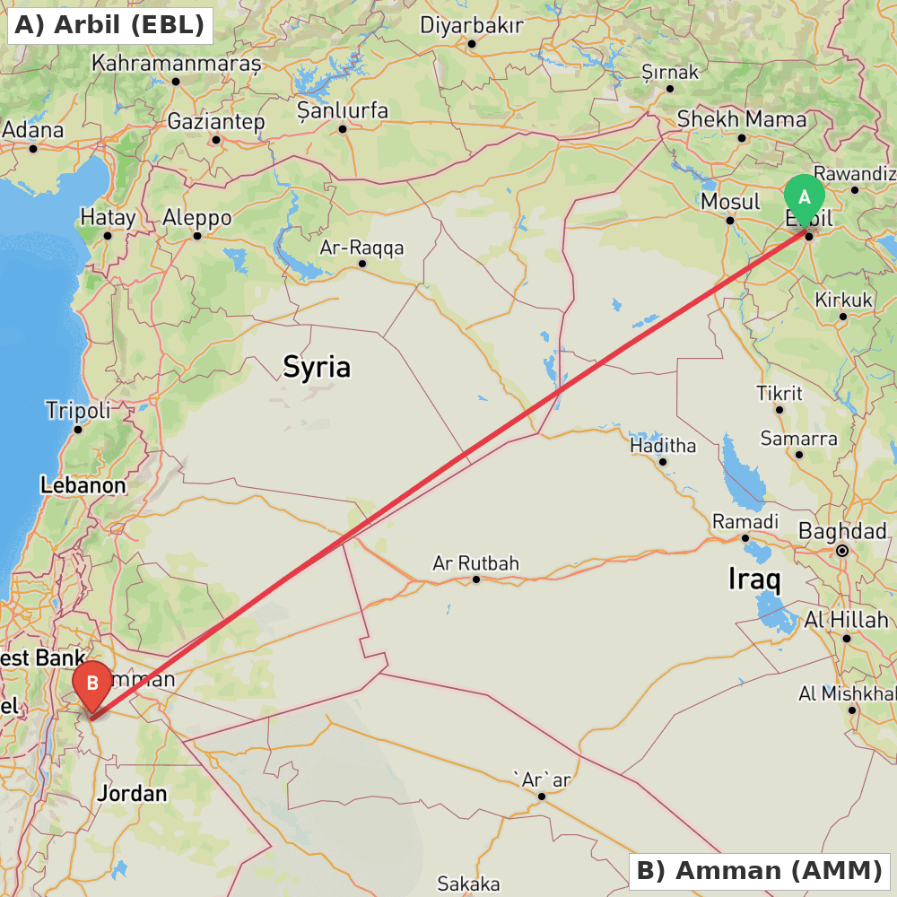 Flight route map from Arbil to Amman