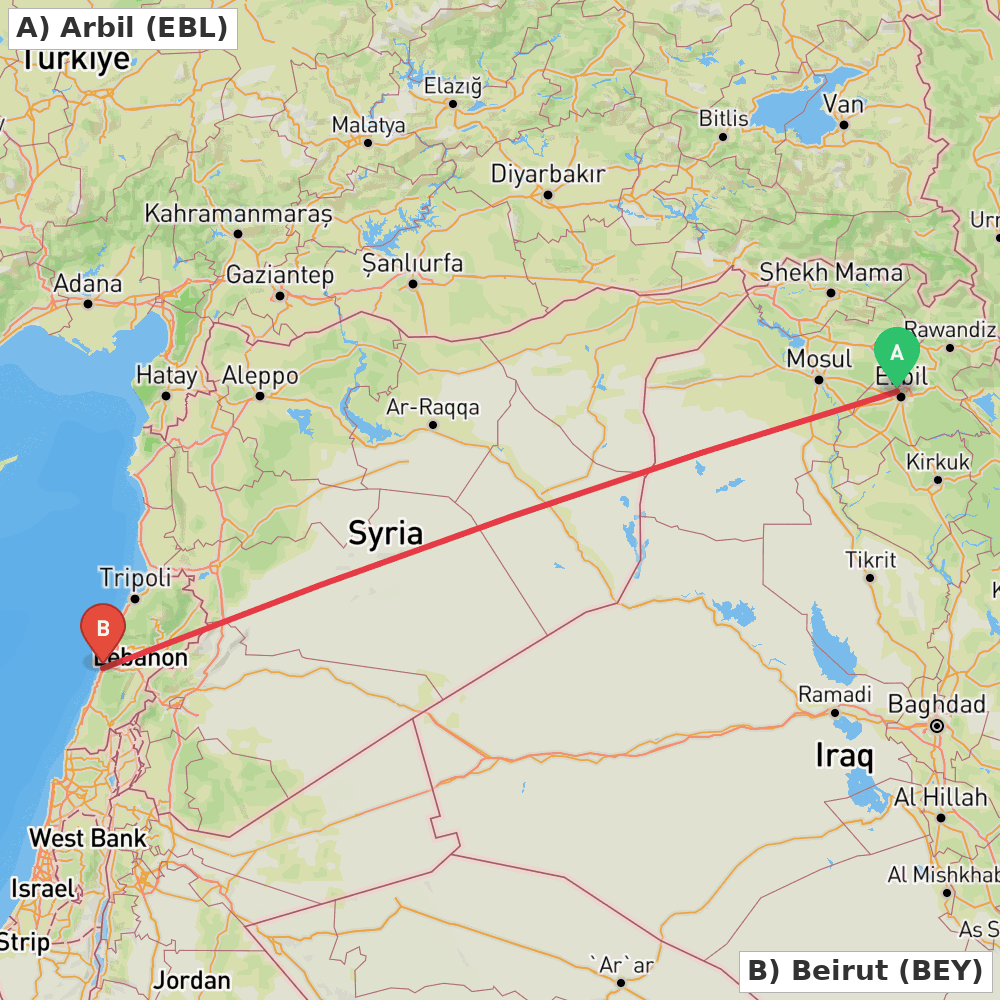 Flight route map from Arbil to Beirut