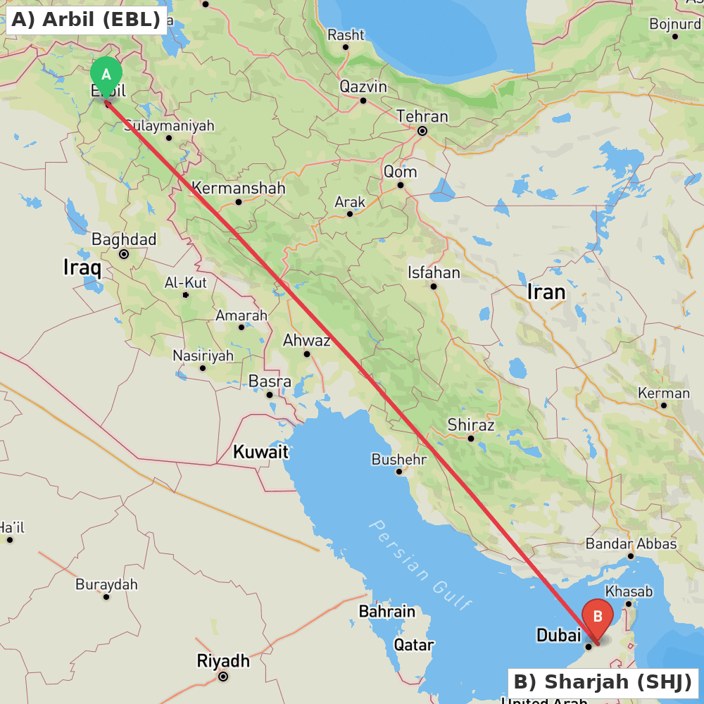 Flight route map from Arbil to Sharjah