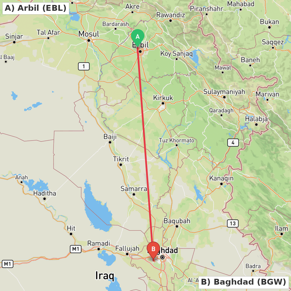Flight route map from Arbil to Baghdad