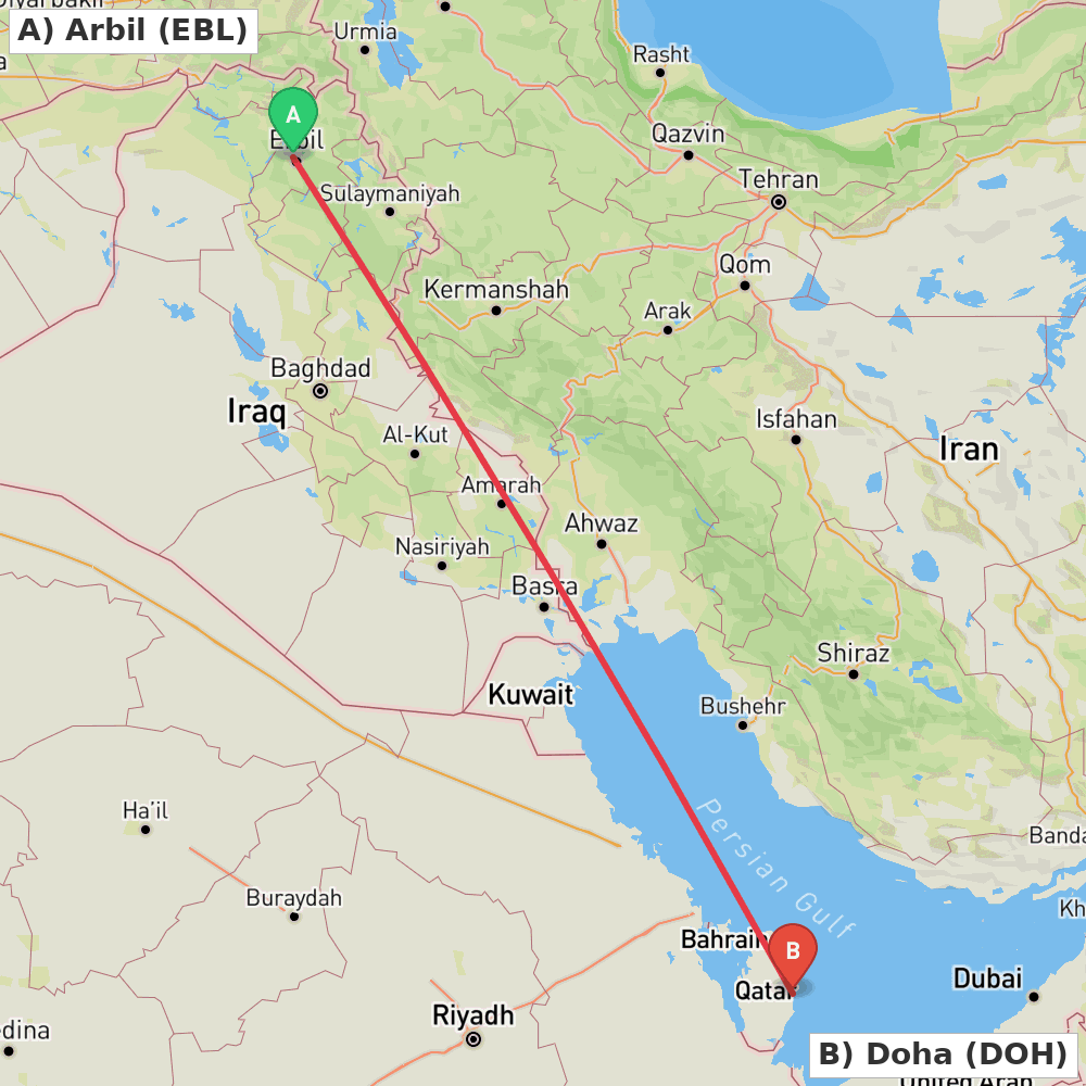 Flight route map from Arbil to Doha