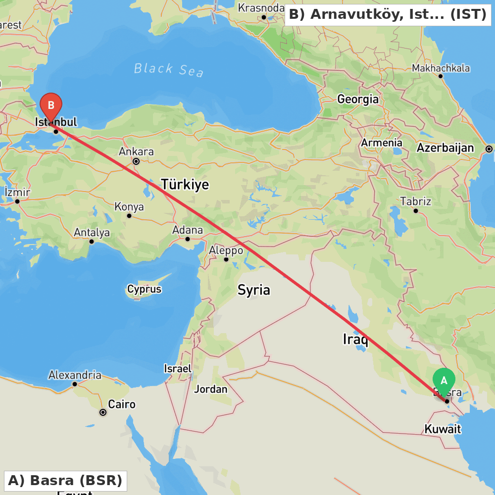 Flight route map from Basra to Arnavutköy, Istanbul