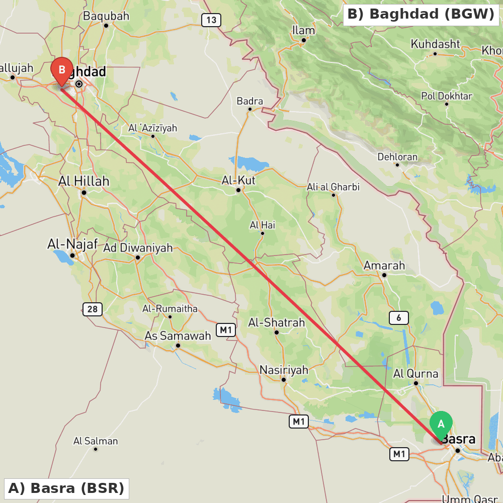 Flight route map from Basra to Baghdad