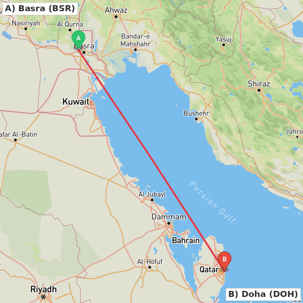Flight route map from Basra to Doha
