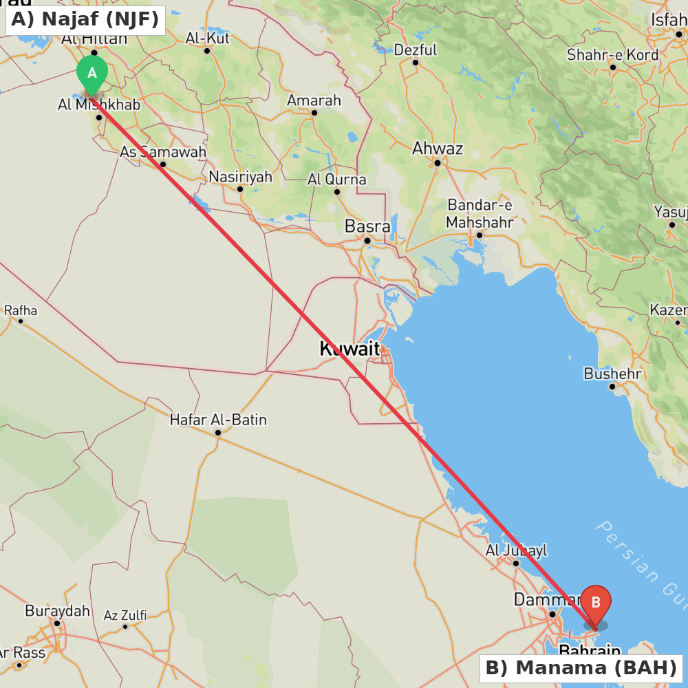Flight route map from Najaf to Manama