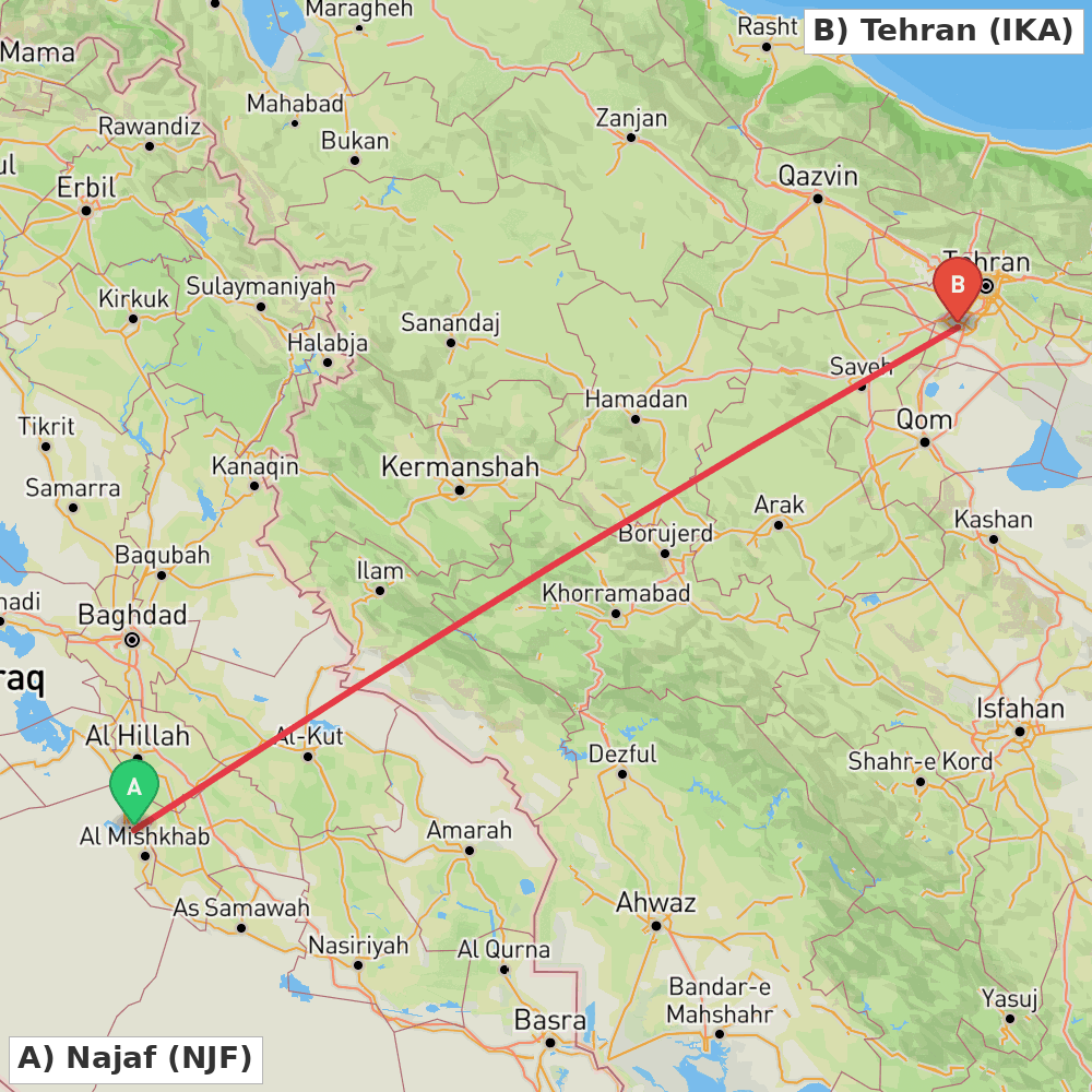 Flight route map from Najaf to Tehran