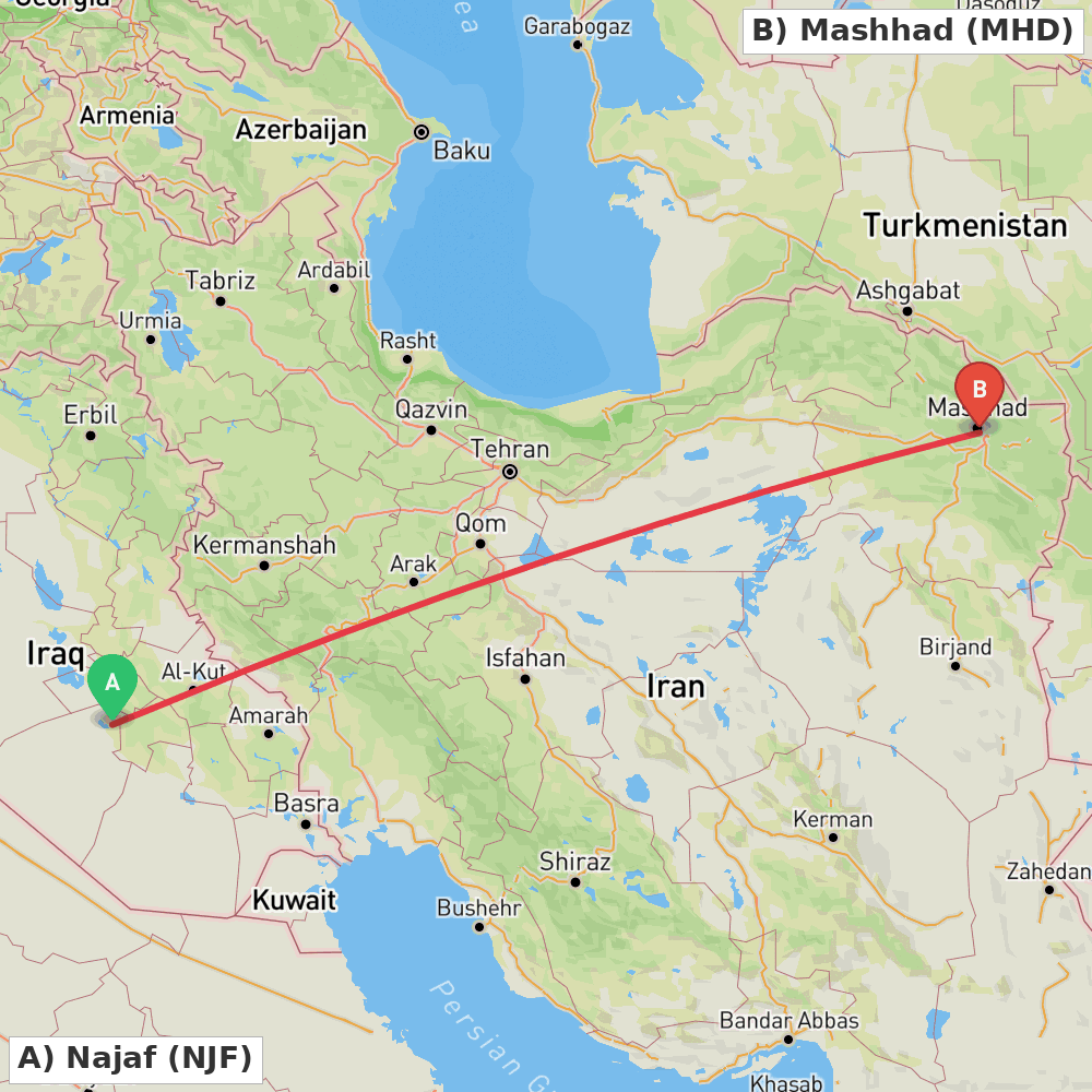 Flight route map from Najaf to Mashhad