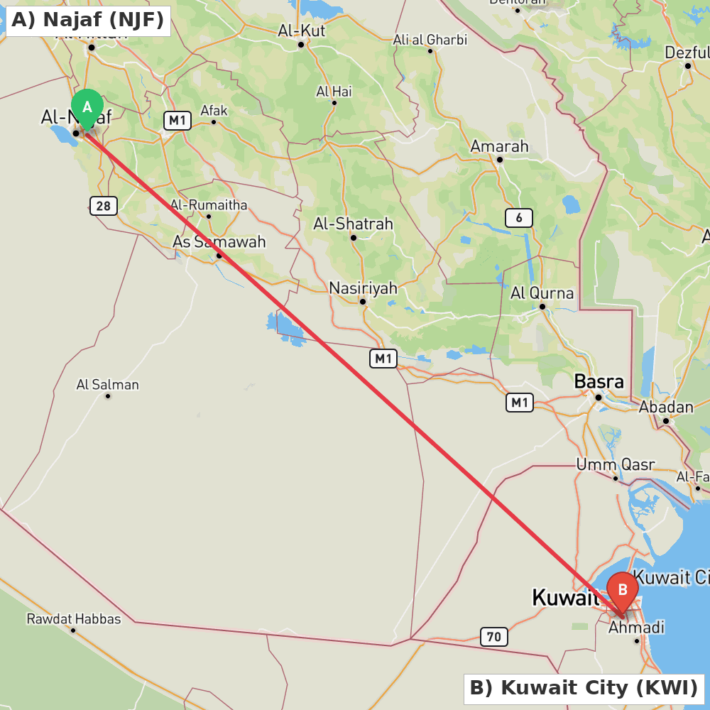 Flight route map from Najaf to Kuwait City