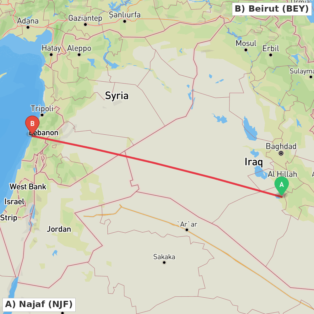 Flight route map from Najaf to Beirut
