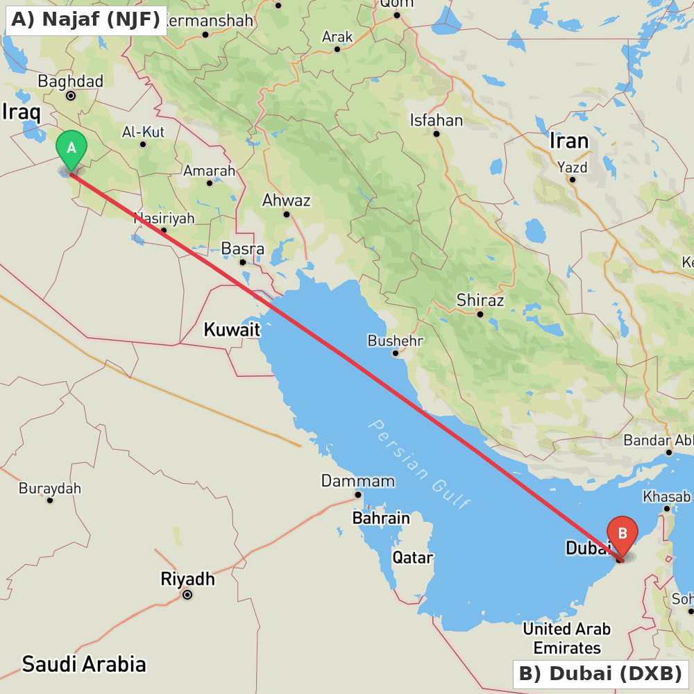 Flight route map from Najaf to Dubai
