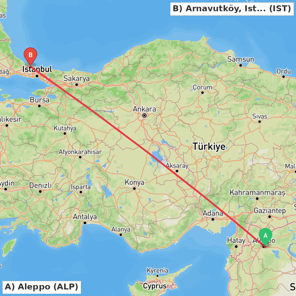 Flight route map from Aleppo to Arnavutköy, Istanbul