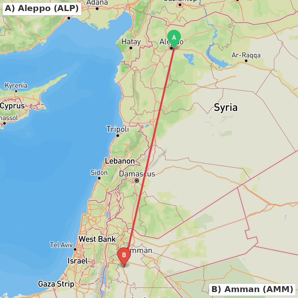 Flight route map from Aleppo to Amman